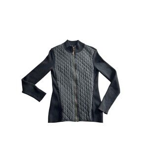 J. McLaughlin Full Zip Jacket Pockets Black Silk Quilted Ribbed